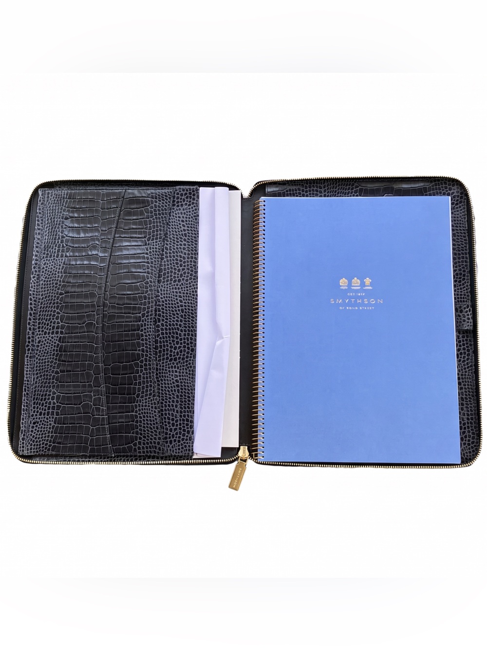 Smythson Brown Leather Croc-Embossed Zip Book Folder
